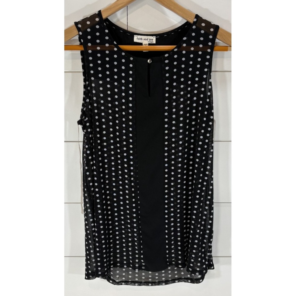 Faith And Joy Women's Black Sheer White Polka Dot Sleeveless Top Size Small S